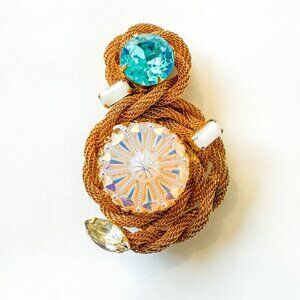 Vintage Hobe Gold Tone Mesh Cord Brooch Faux Opal Teal Crystals